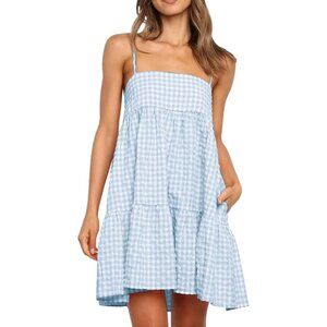 Women's Cotton Polyester Plaid Mini Dress Casual Sleeveless Pockets